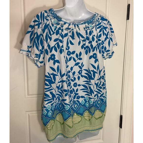 Keren Hart White Floral Embroidered Smocked Boho/Peasant Top Sz M - Picture 4 of 9